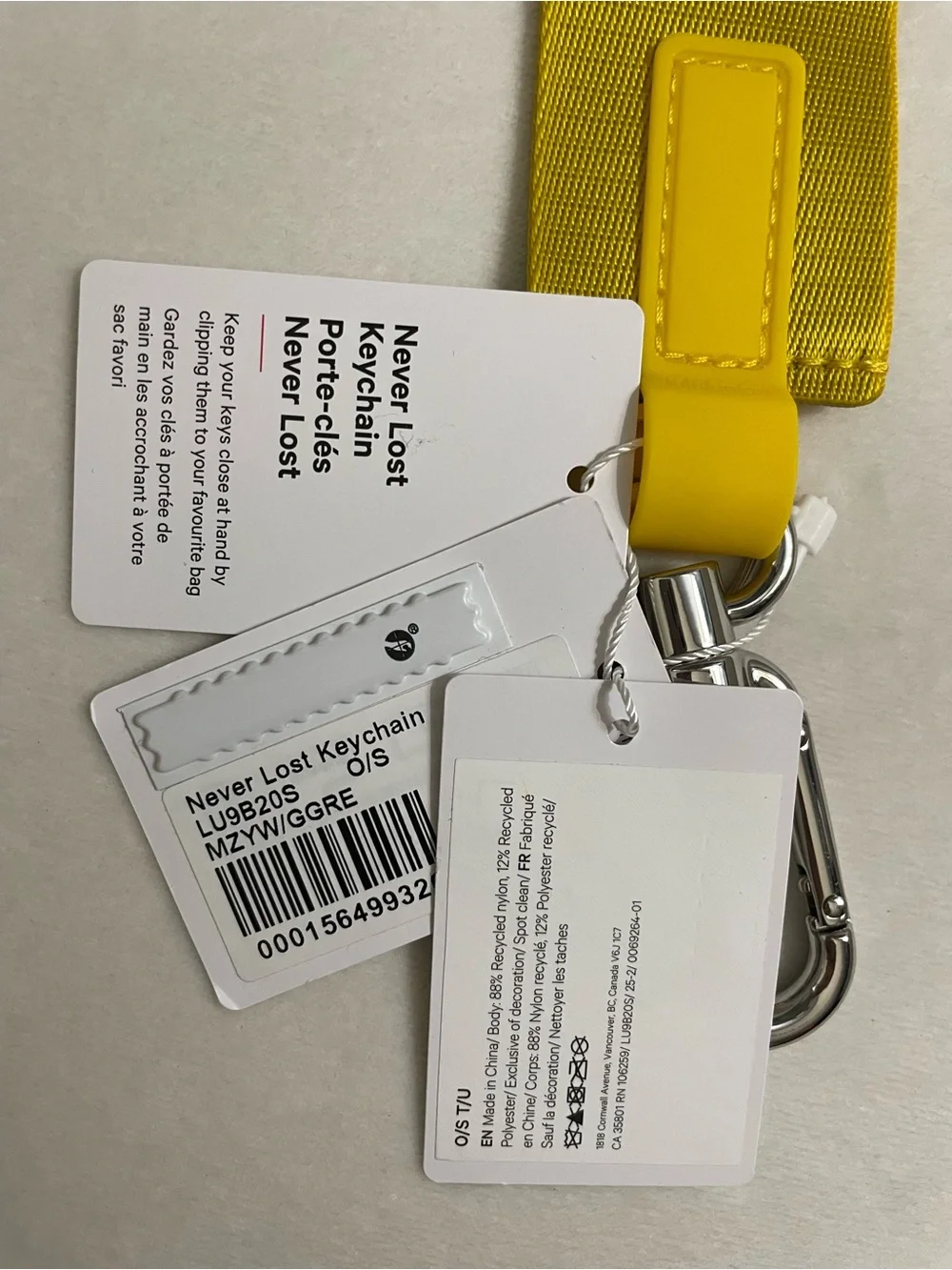 Lululemon NWT Never Lost Keychain Maize Yellow Graphite Grey